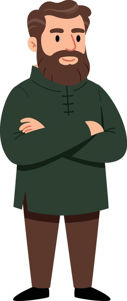 Bearded man with folded arms wearing green sweater and brown pants standing confident pose illustration vector