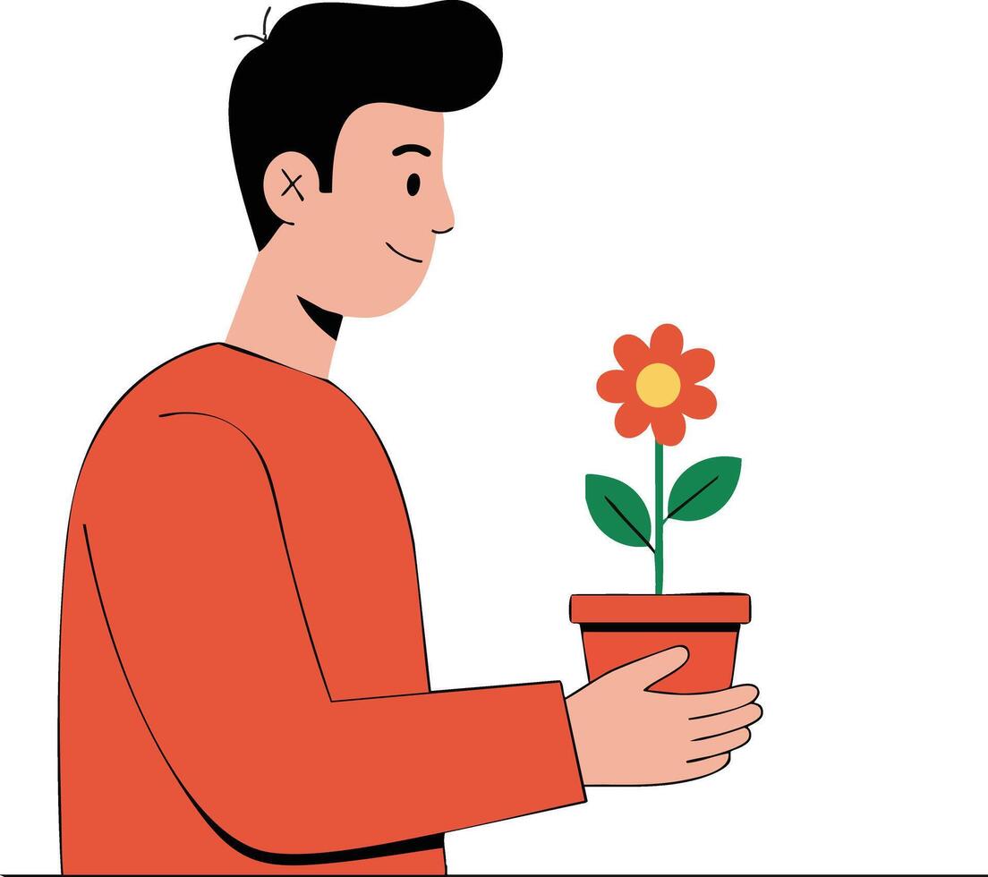Man holding small flower pot with red flower and green leaves in orange sweater illustration vector