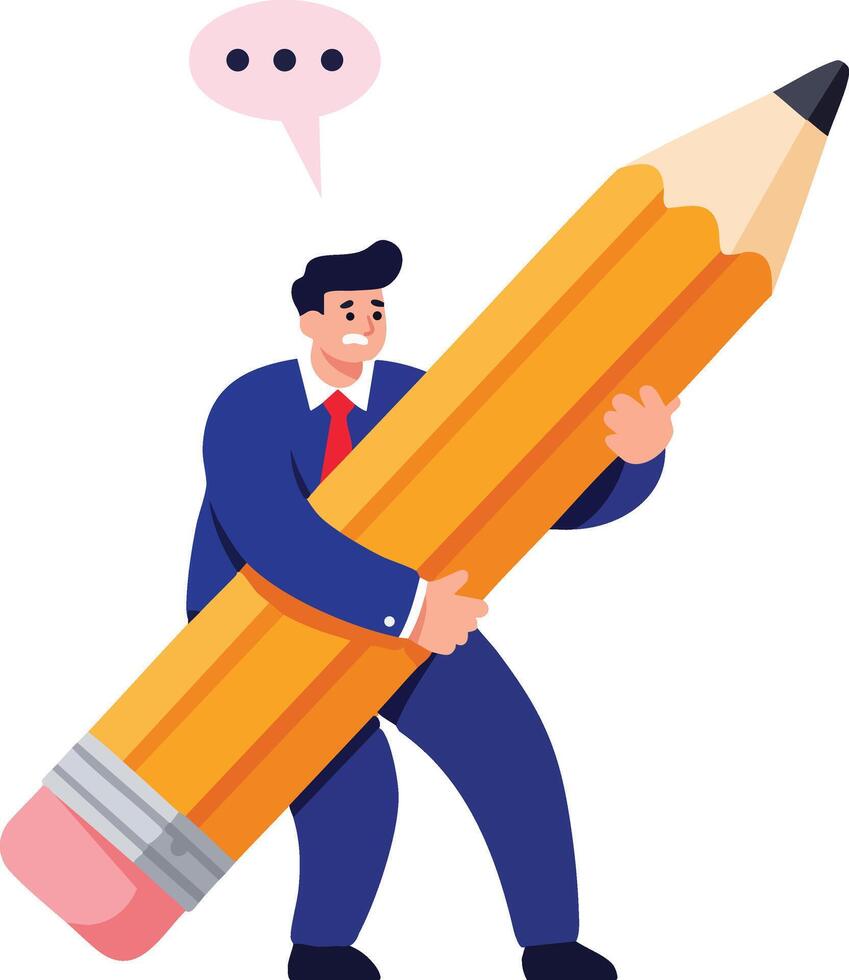 Businessman holding giant yellow pencil symbolizing creativity and communication in office environment illustration vector