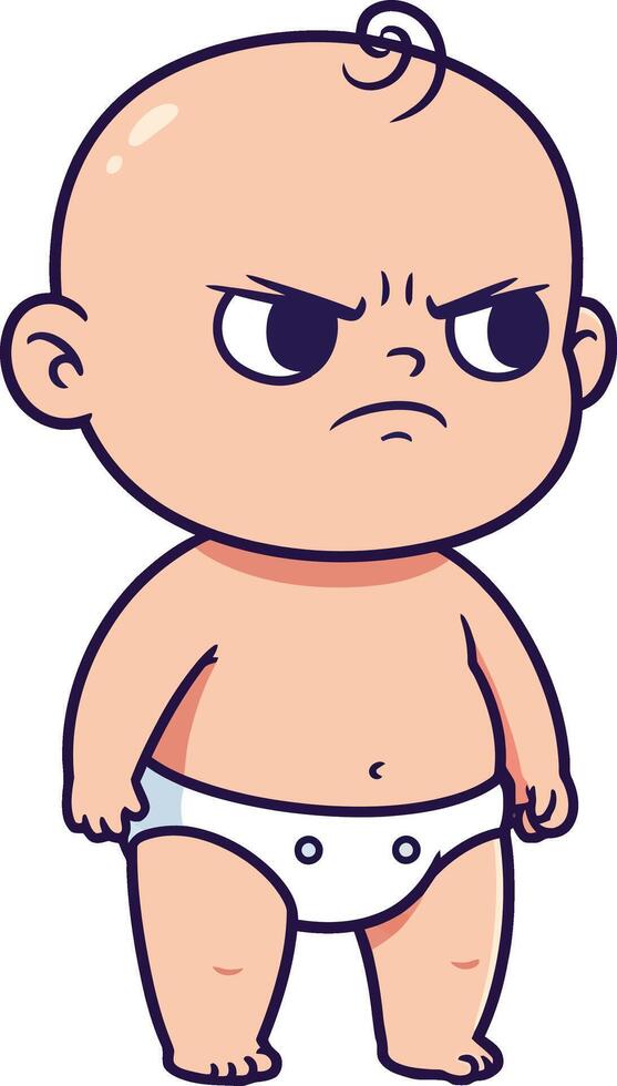 Angry baby boy standing with diaper in cartoon style illustration vector