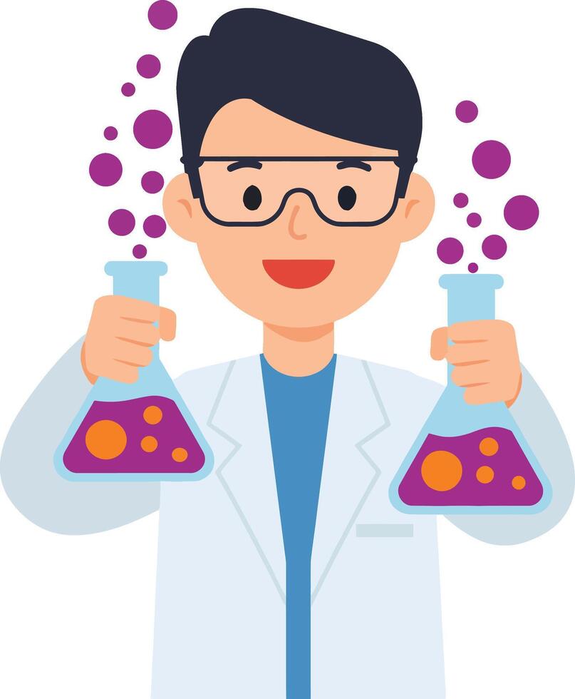 Young male scientist holding two flasks with purple liquid and bubbles in laboratory setting illustration vector