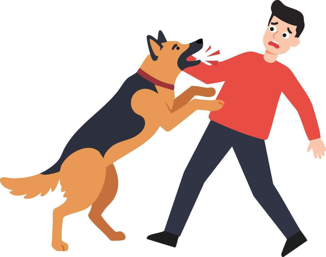 German shepherd dog biting man in red shirt warning aggressive pet attack scene illustration vector
