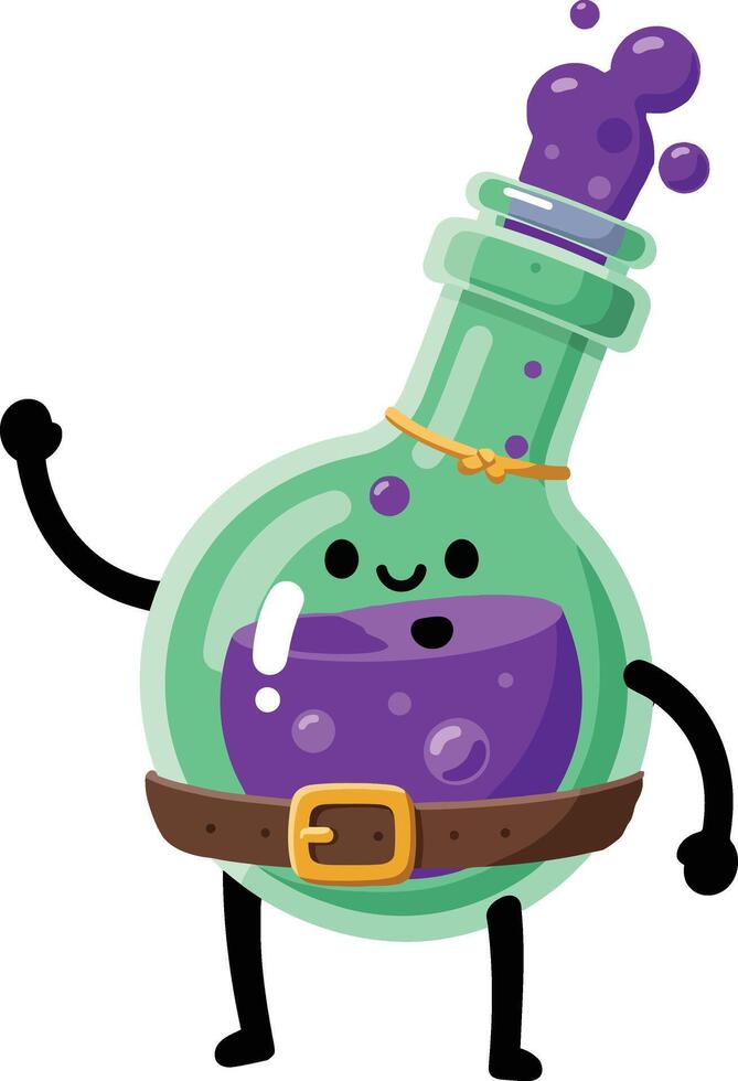 Cartoon style green glass bottle with purple liquid and animated face smiling illustration vector