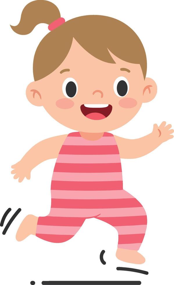 Happy toddler girl running in pink striped jumpsuit illustration with playful expression and ponytail hairstyle vector