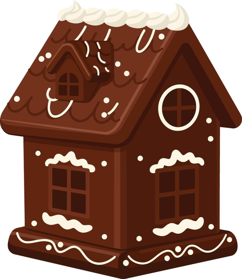 Chocolate gingerbread house with white icing decoration illustration for holiday season and festive celebrations vector