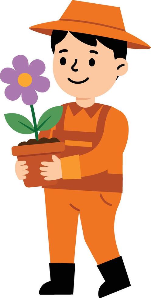 Boy holding potted flower plant wearing orange gardening outfit with hat illustration vector