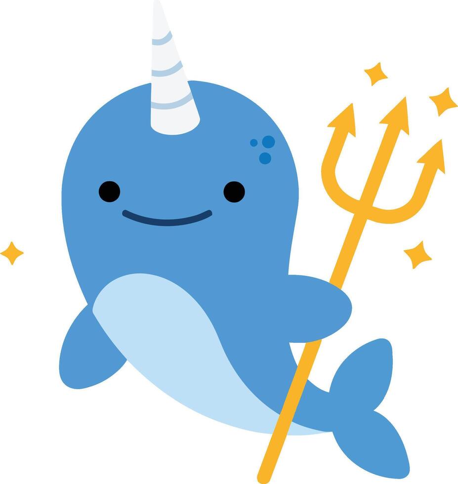 Cute blue narwhal character holding golden trident with smiling face illustration vector