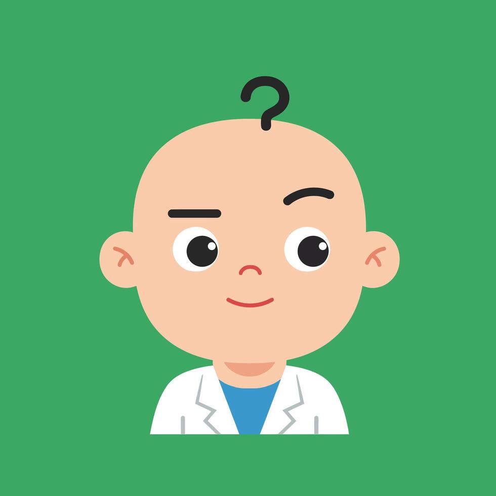Curious bald baby scientist character with question mark on head illustration in green background vector