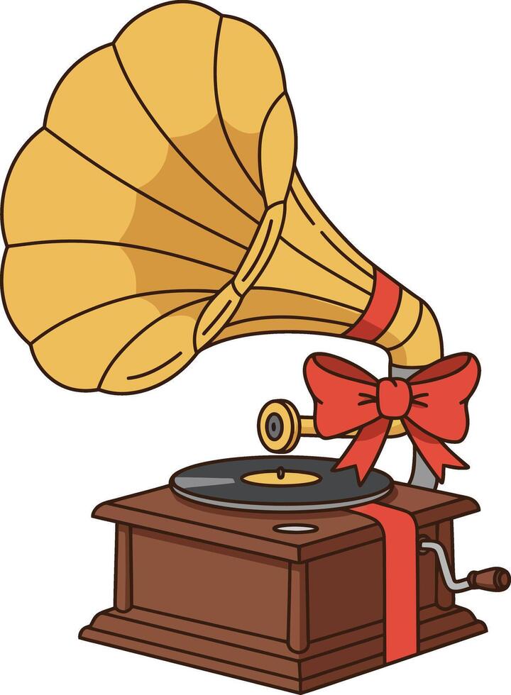 Vintage gramophone with yellow horn and red bow illustration of classic music player design vector