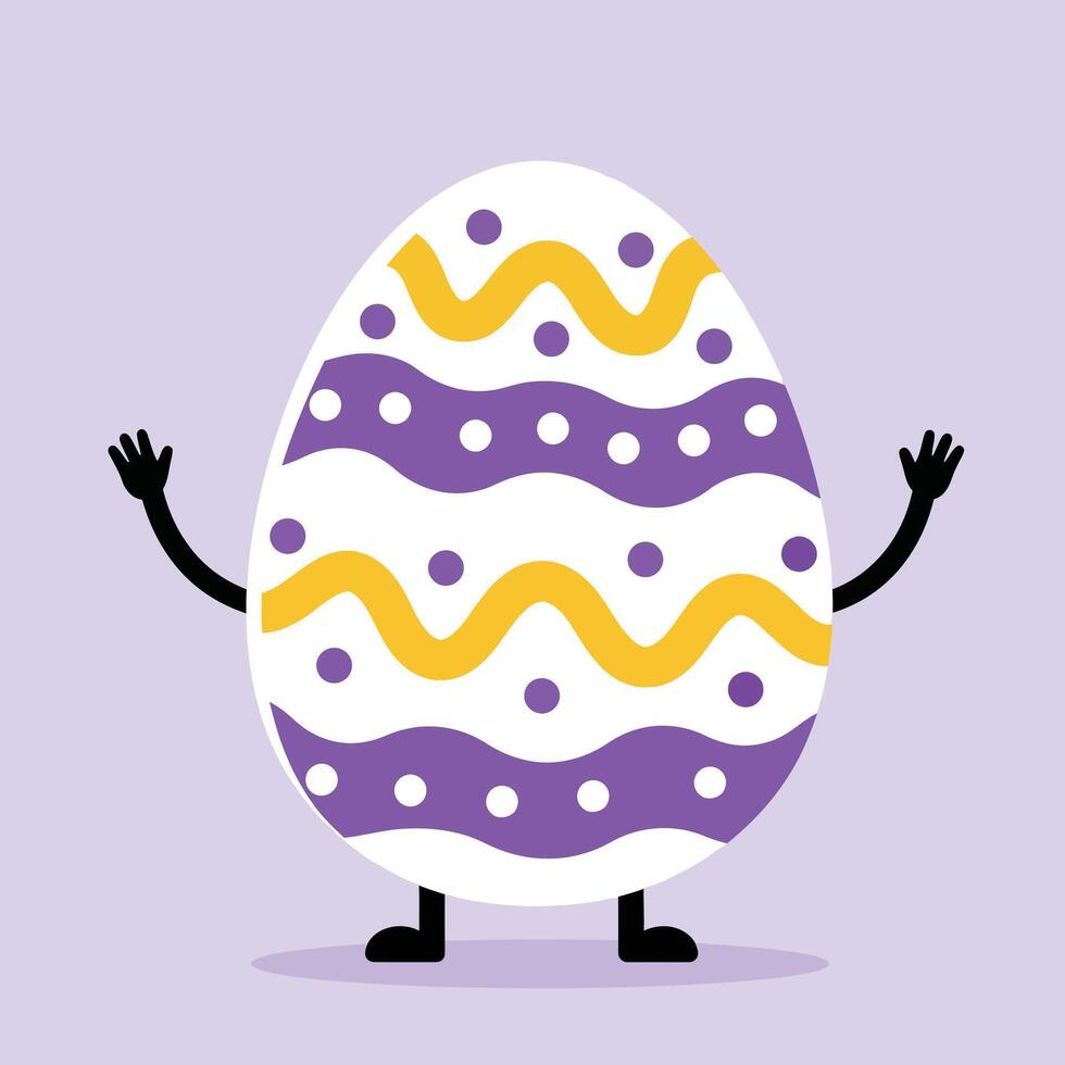 Easter egg with purple and yellow waves and dots smiling with arms and feet festive holiday design vector