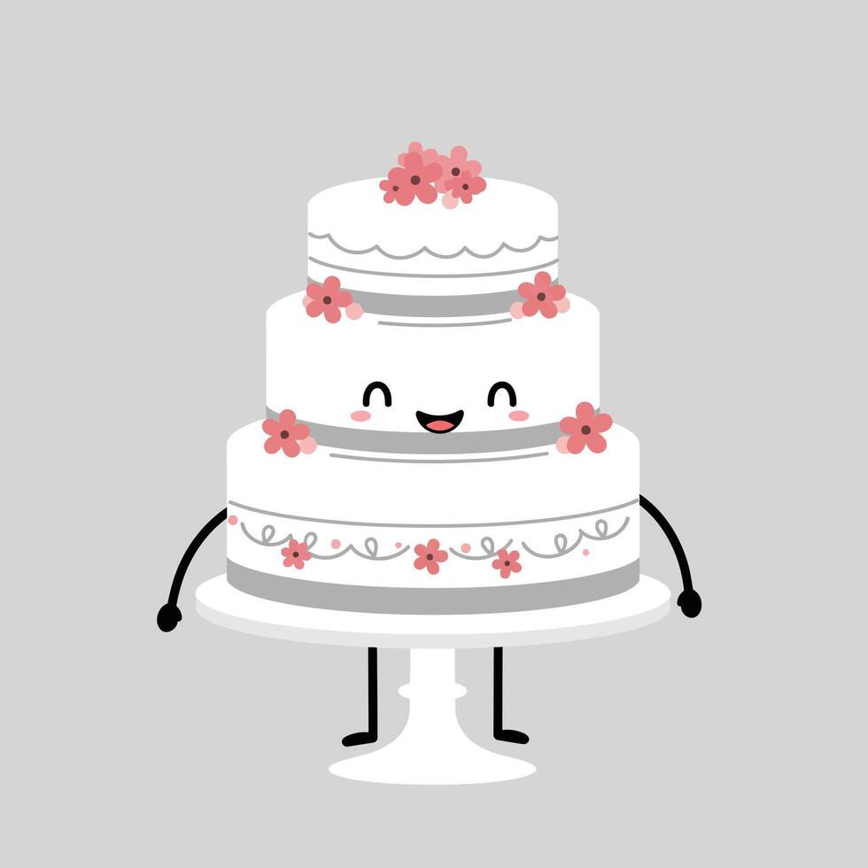 Cute three-tier wedding cake with pink flowers and smiling face on cake stand for bridal celebration vector