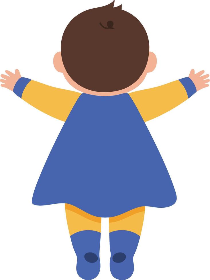 Baby in blue and yellow outfit reaching out with arms open illustration full body view from behind vector