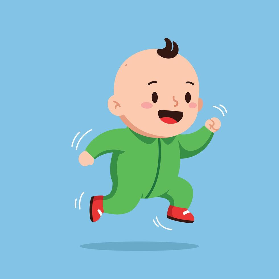 Happy baby boy jumping in green onesie with red shoes on blue background cheerful infant illustration vector