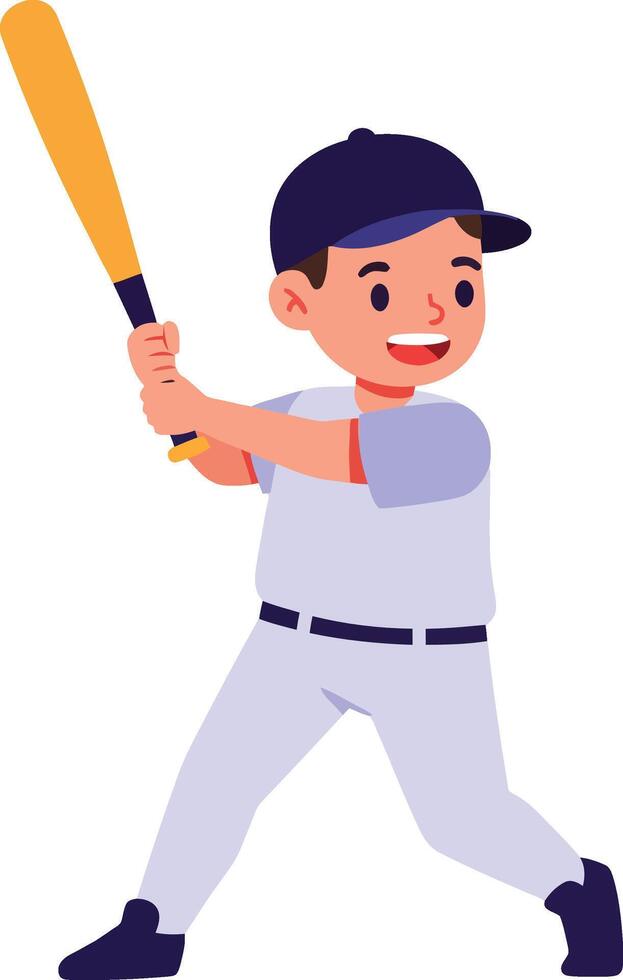 Boy playing baseball with orange bat in white uniform and blue cap illustration vector