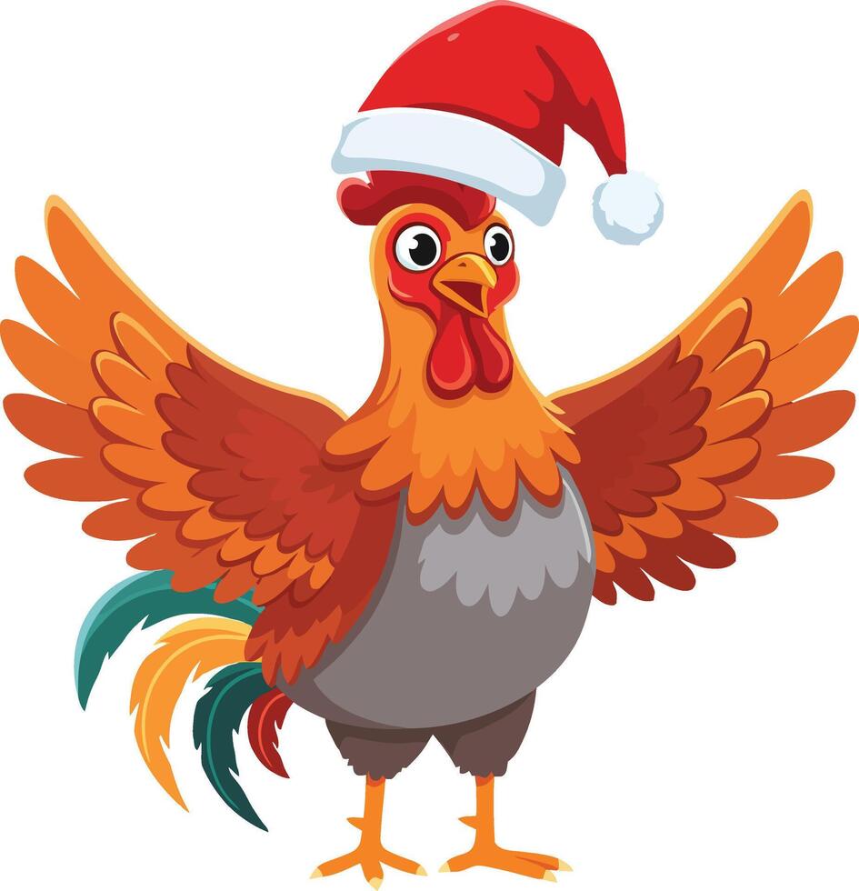 Rooster wearing red Christmas hat festive bird with colorful feathers and wings spread wide seasonal illustration vector