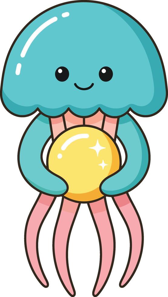 Cute cartoon jellyfish holding glowing yellow orb illustration with turquoise and pink colors in simple design vector