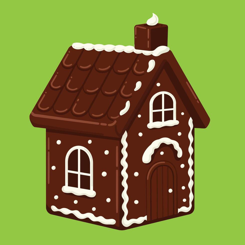 Gingerbread house illustration with white icing decoration on bright green background design vector