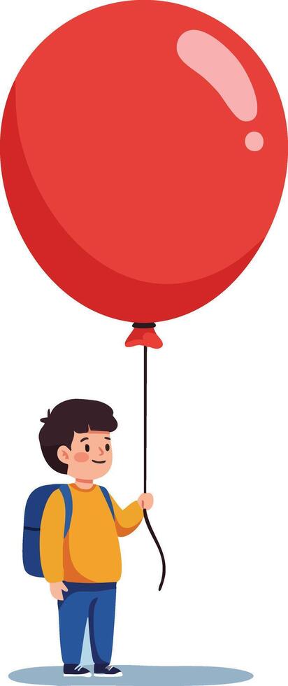 Child holding large red balloon standing with backpack in simple style illustration for kids content and playful design vector
