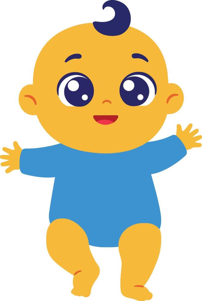 Cute baby with blue outfit and dark hair curl smiling with open arms illustration vector
