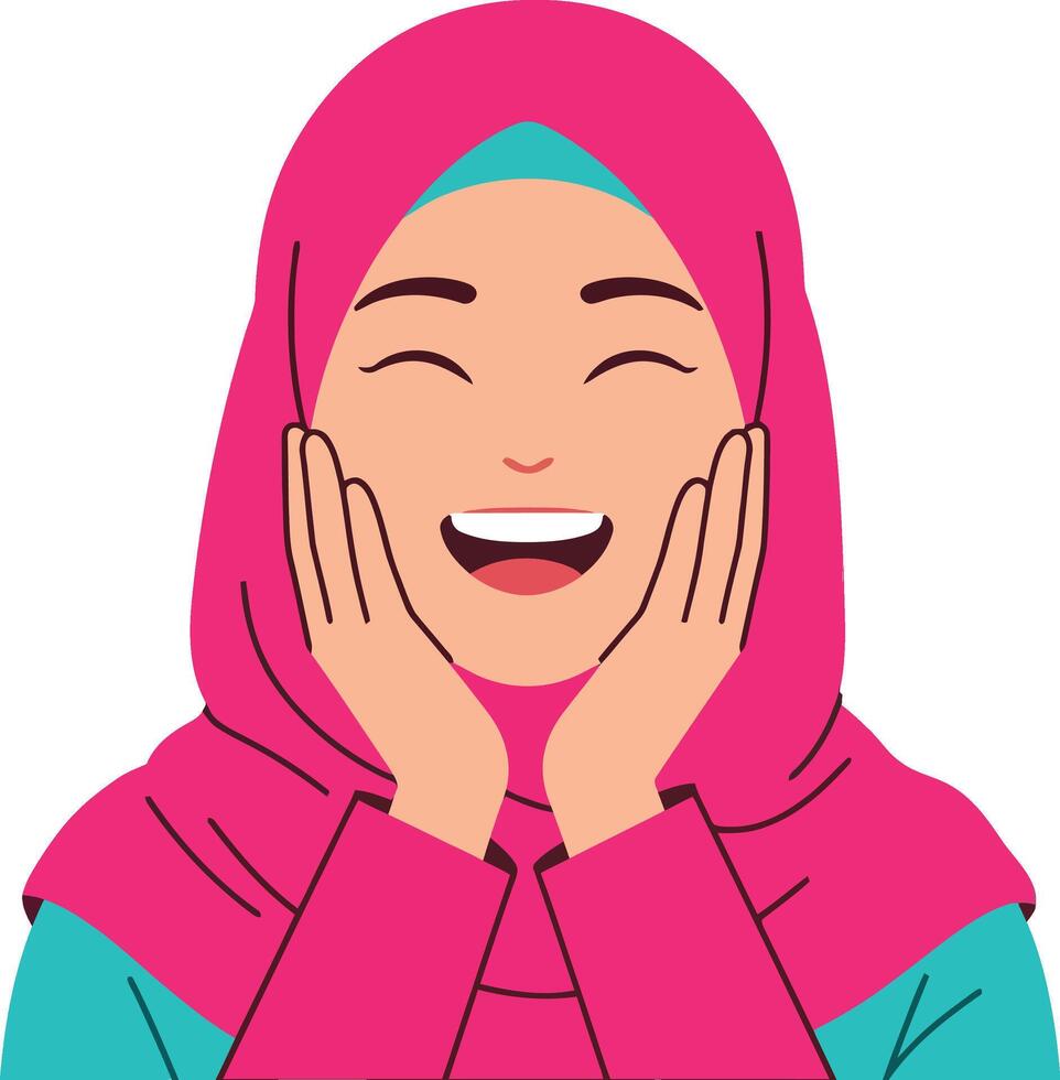 Smiling Muslim woman in pink hijab expressing happiness and joy illustration vector