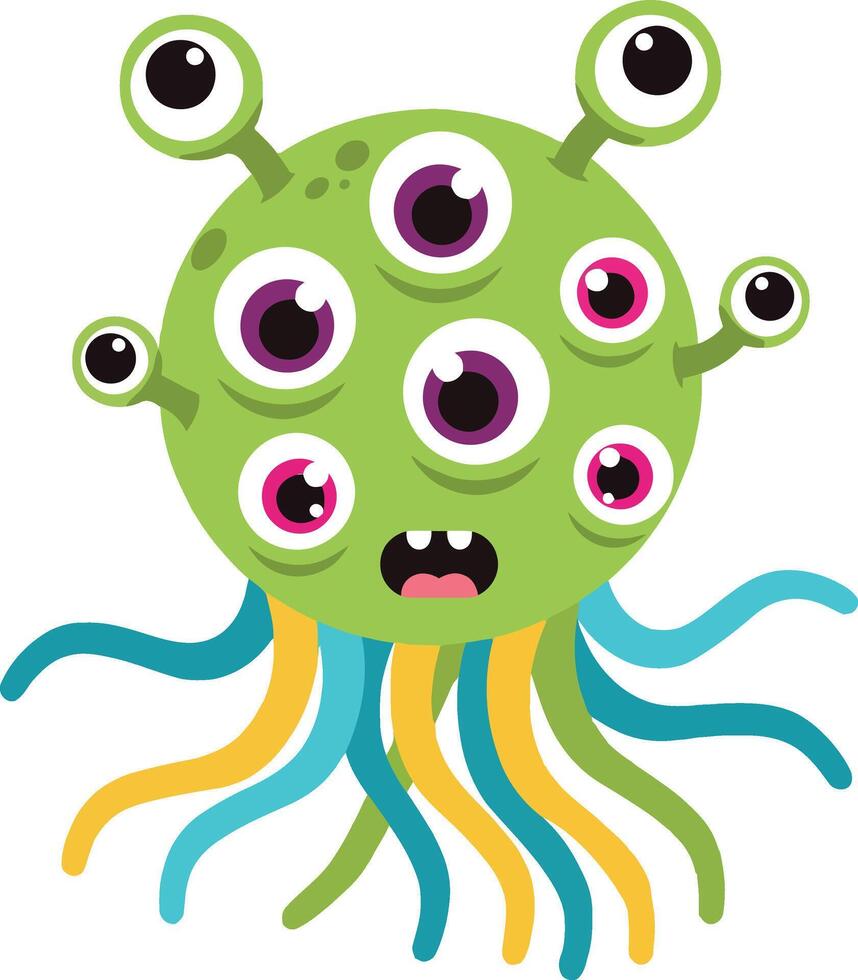 Green multi-eyed alien monster with colorful tentacles cartoon illustration for kids and fantasy themes vector