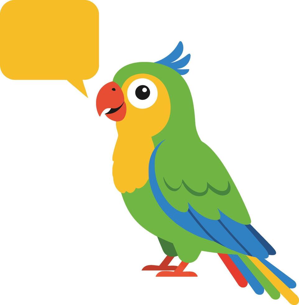 Colorful parrot with speech bubble talking cartoon illustration in green, yellow, blue, and red shades vector