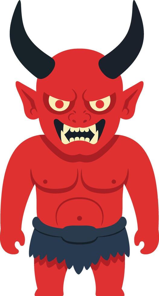 Red demon with black horns and fierce expression cartoon illustration of mythical creature with sharp teeth and muscular body vector