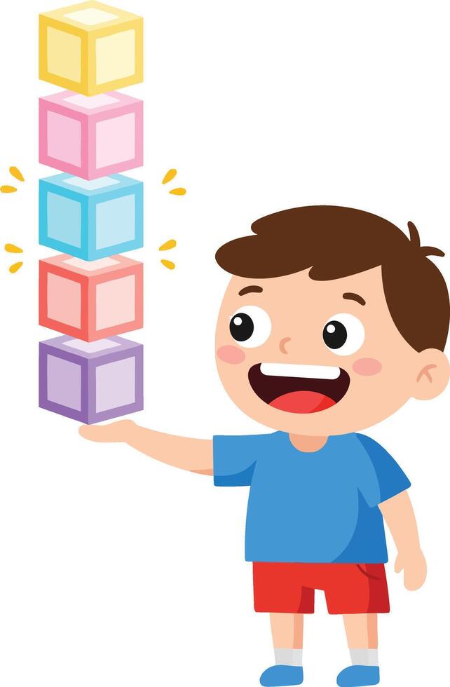 Happy boy balancing colorful pastel blocks in playful stacking activity for children development and fun learning playtime vector