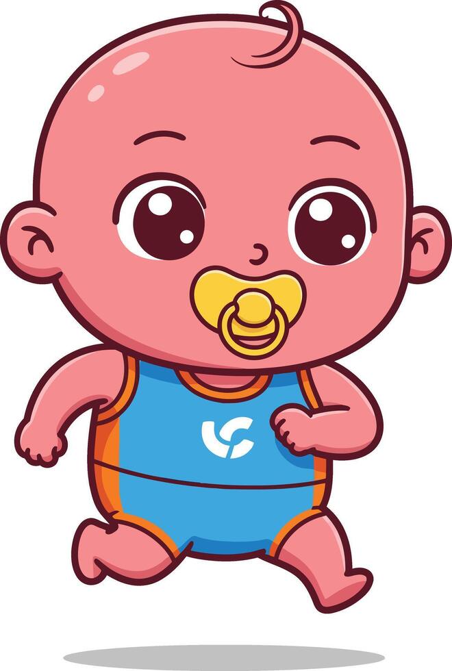 Cute running baby with pacifier in blue outfit illustration for children and family themes vector