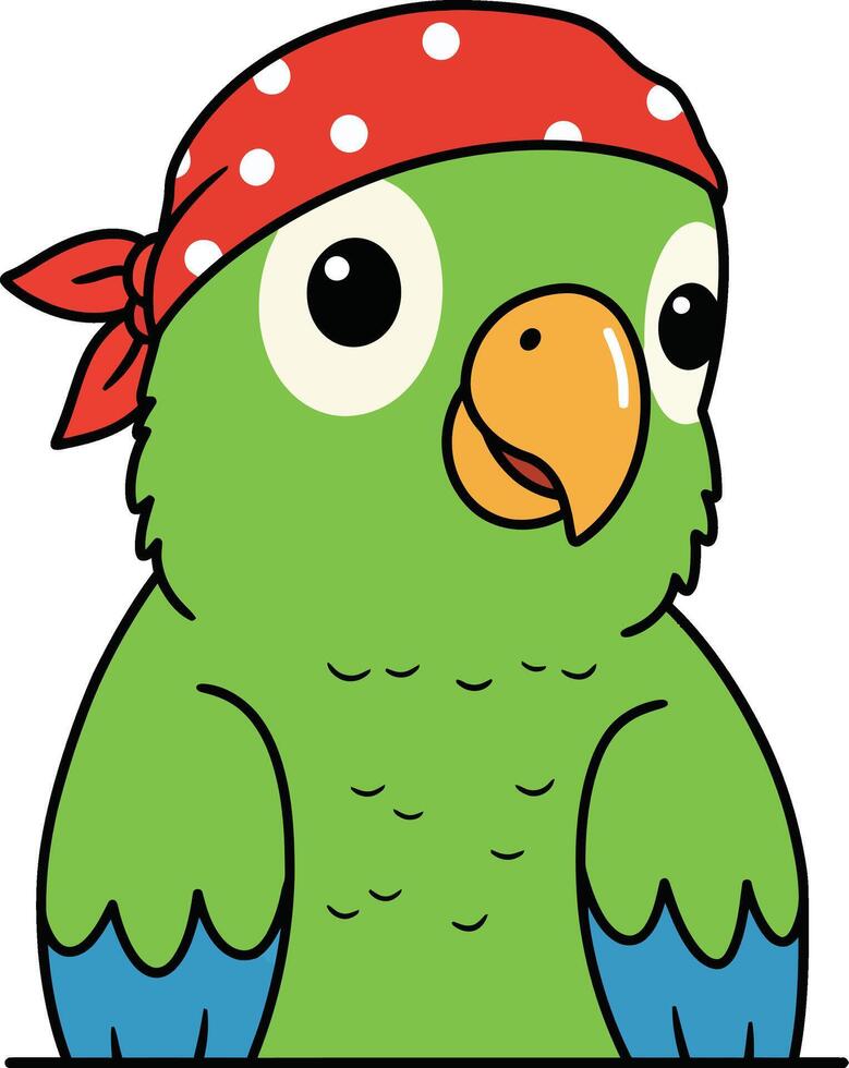 Green parrot with red bandana and blue wing tips cute cartoon illustration vector