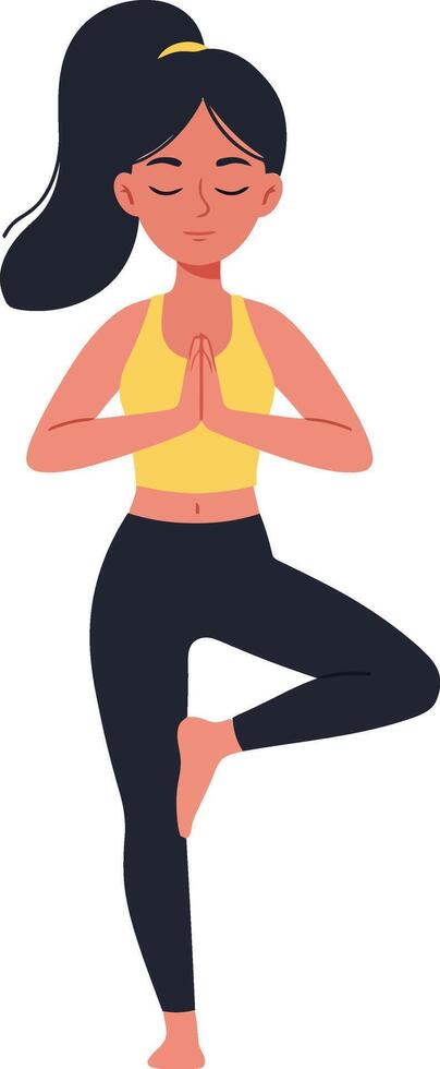Woman practicing tree yoga pose in calm meditation and fitness exercise for relaxation and balance illustration vector