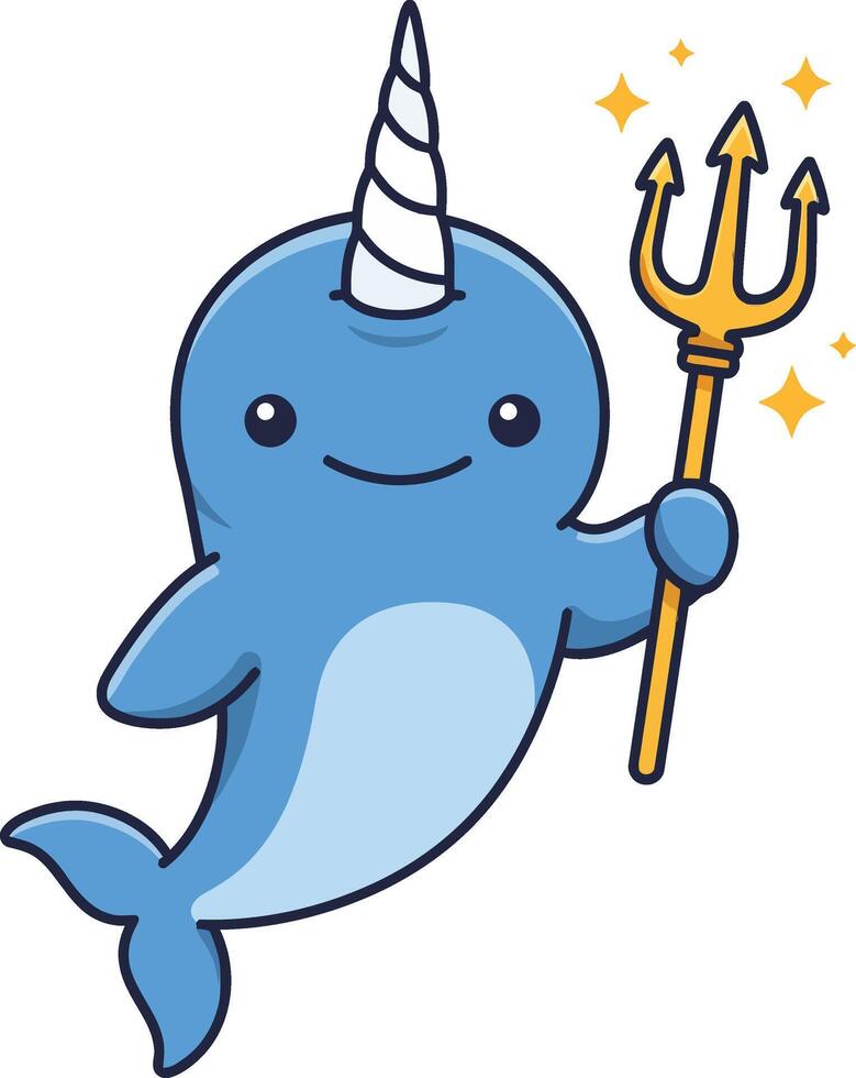 Cute narwhal holding golden trident smiling cartoon character illustration for children and fantasy designs vector