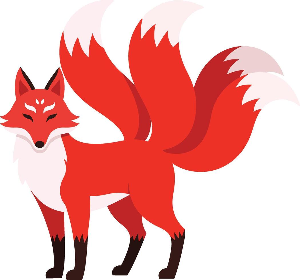Red fox with multiple tails fantasy creature illustration in flat design style natural animal image vector
