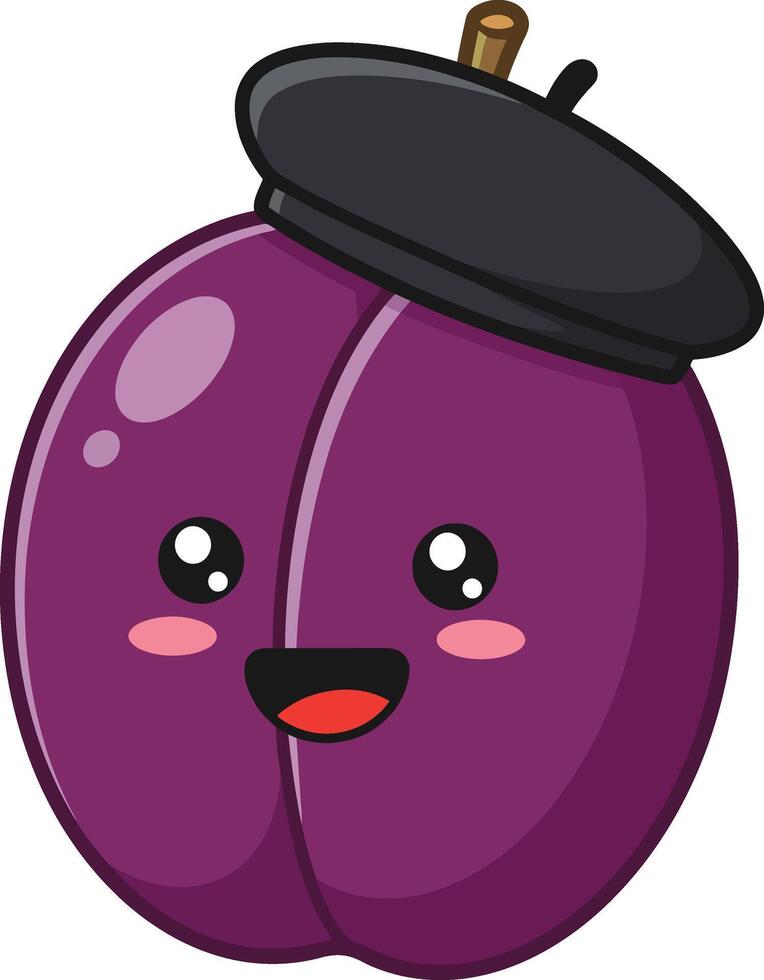 Cute purple plum character wearing black beret hat with happy facial expression illustration vector