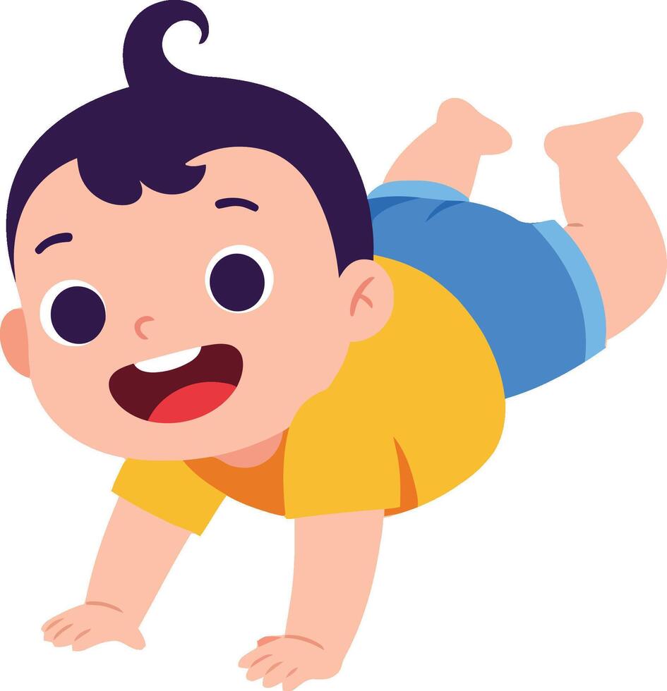 Baby crawling happily in yellow shirt and blue shorts illustration for children and family themes vector
