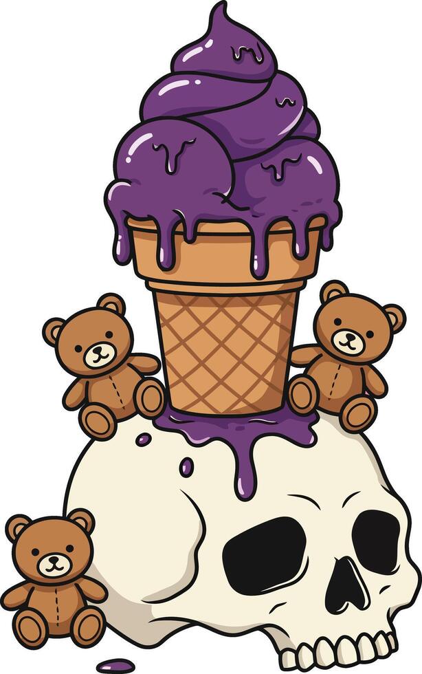 Skull with purple melting ice cream cone and three teddy bears illustration in unique artistic style vector