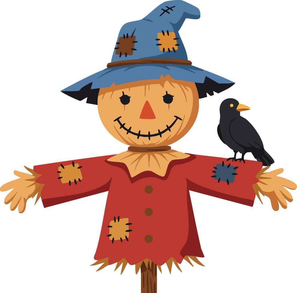 Scarecrow with blue hat and crow perched on arm illustration for autumn and Halloween decoration vector