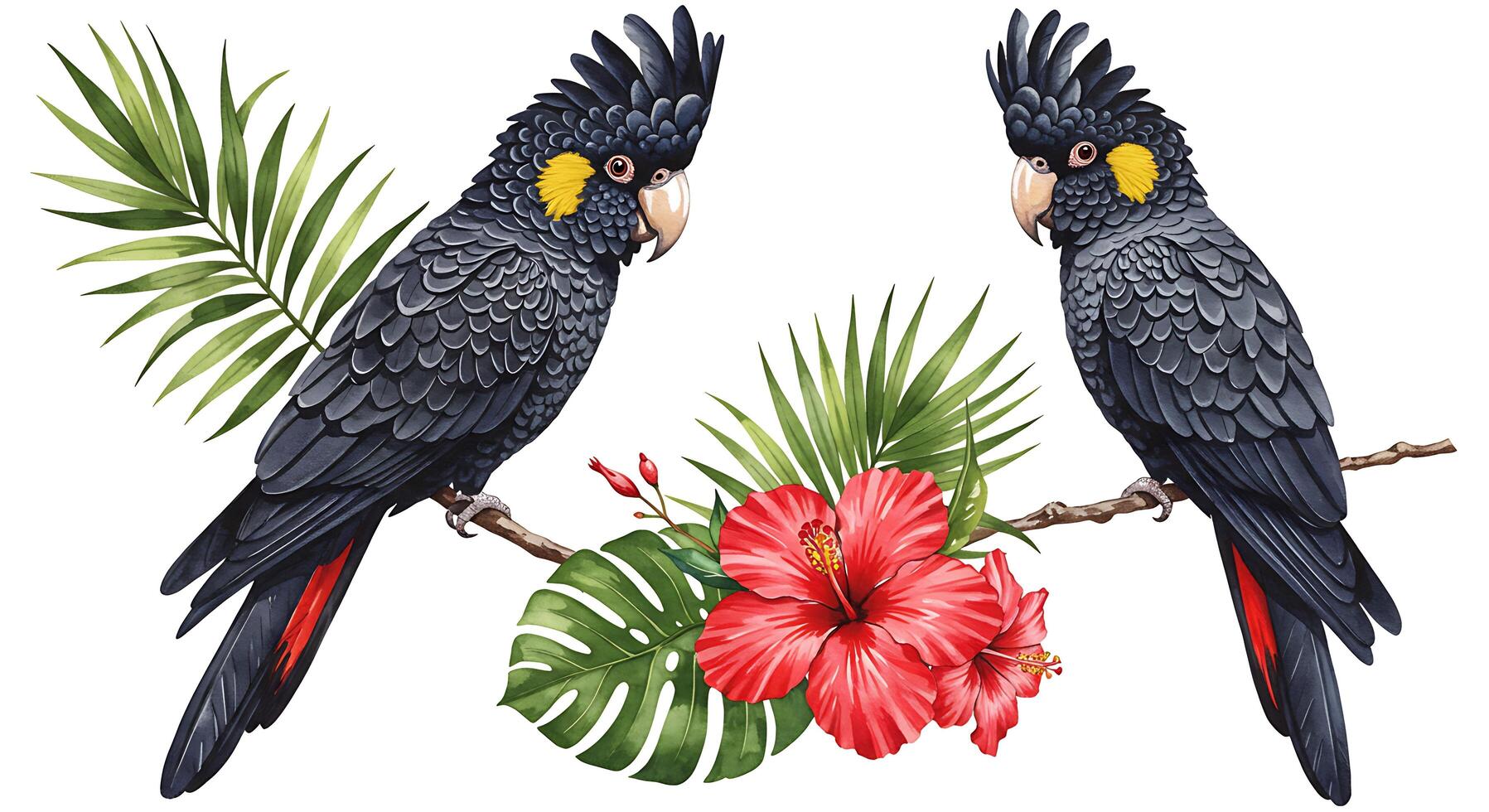 Two parrots with flowers on a branch photo