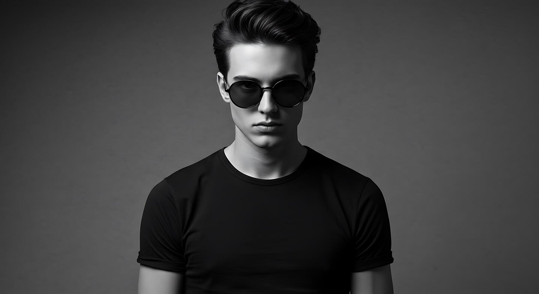 A man in sunglasses and a black t - shirt photo