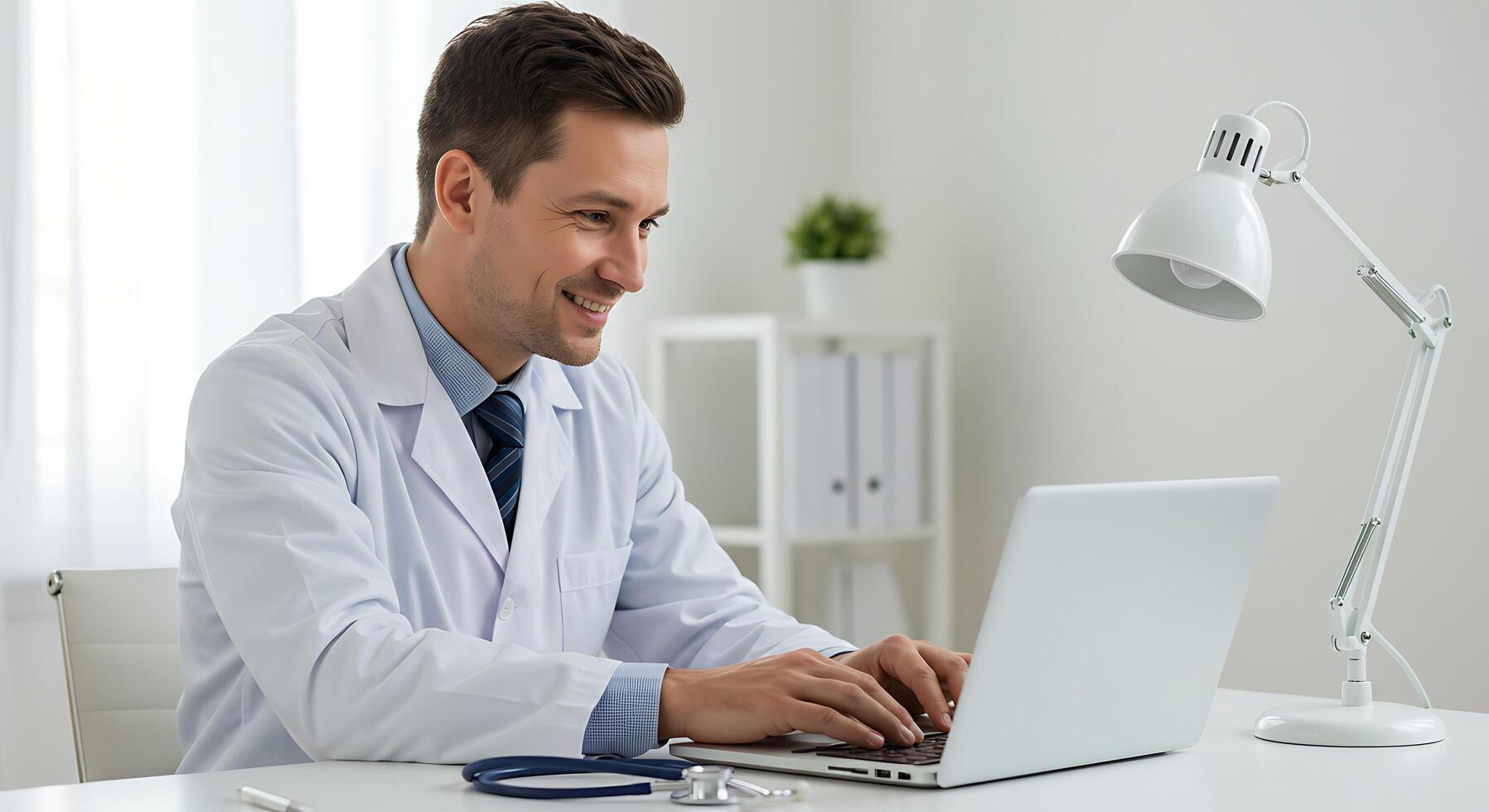 A man in a white coat is sitting at a desk with a laptop photo