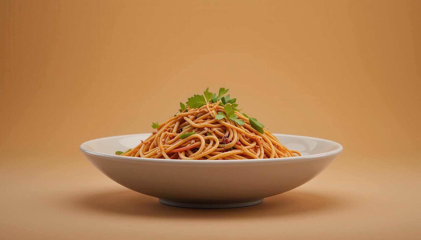 A mound of seasoned noodles in a ceramic bowl. photo