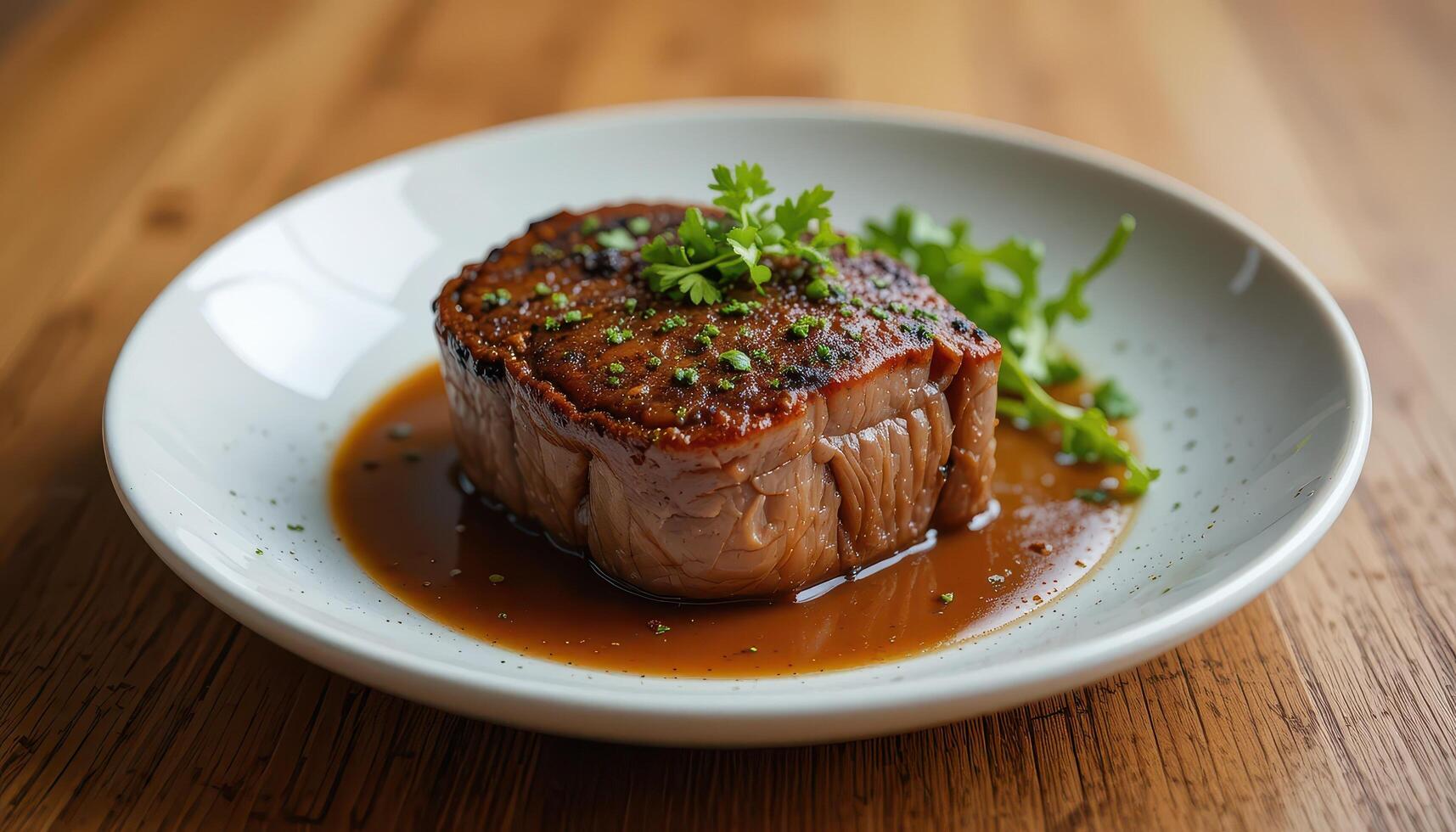 Well-seasoned steak, beautifully presented on a plate. photo