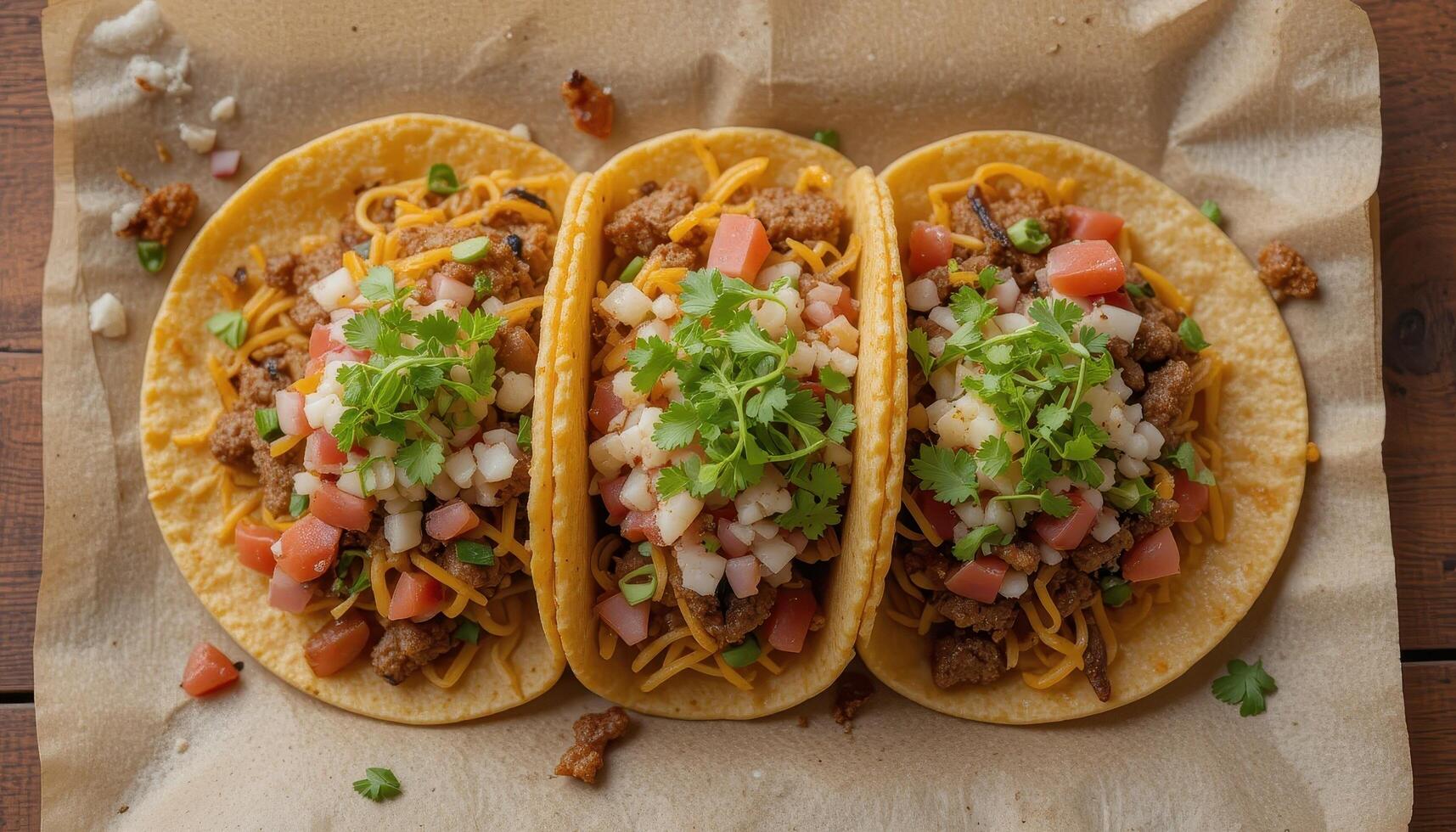 Three tacos with savory filling, arranged on parchment paper. photo