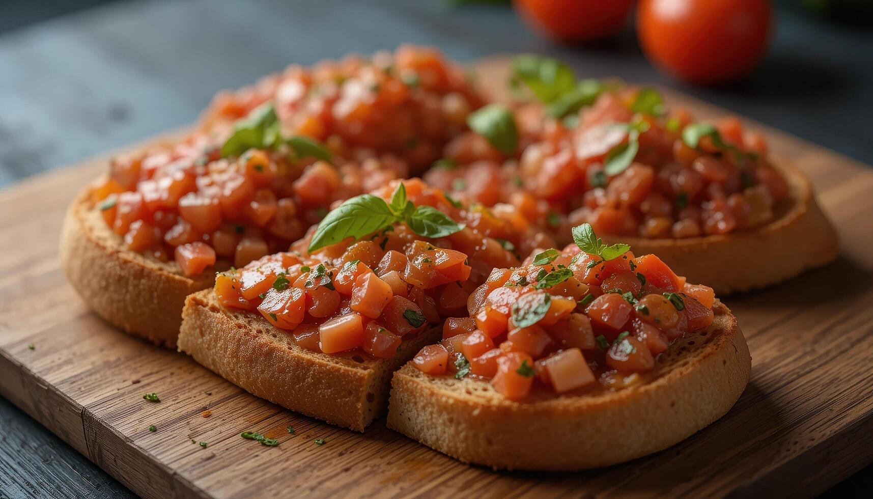 A selection of toasted bread topped with a tomato and basil topping. photo