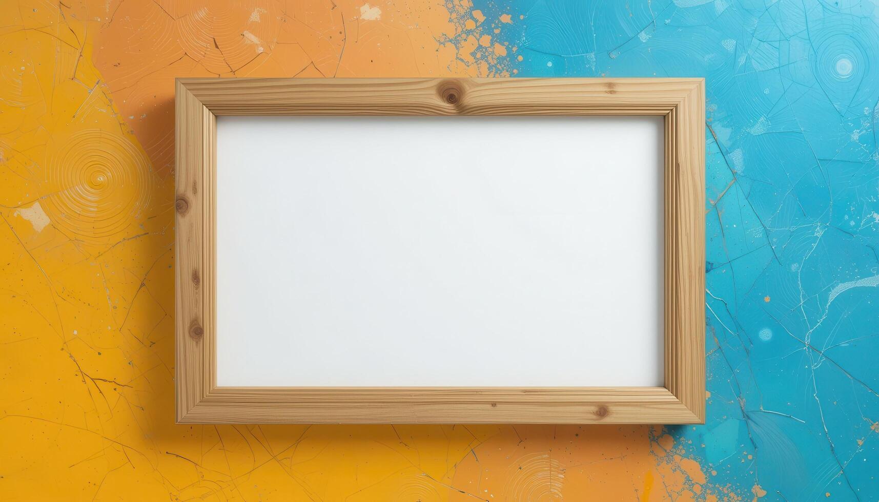 Empty wooden frame on a vibrant orange and teal background. photo