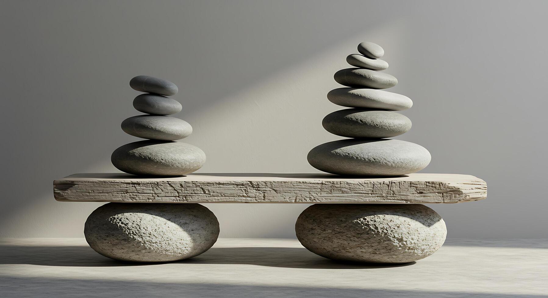 A stack of stones on top of a wooden bench photo