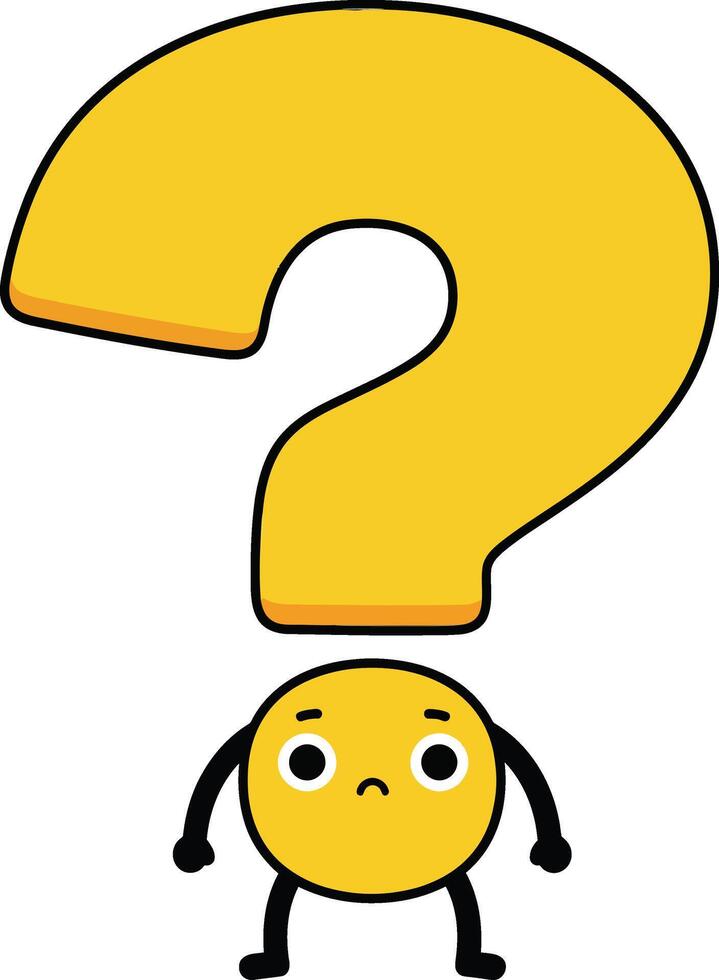 Confused emoticon character with large yellow question mark illustration expressing uncertainty and doubt vector