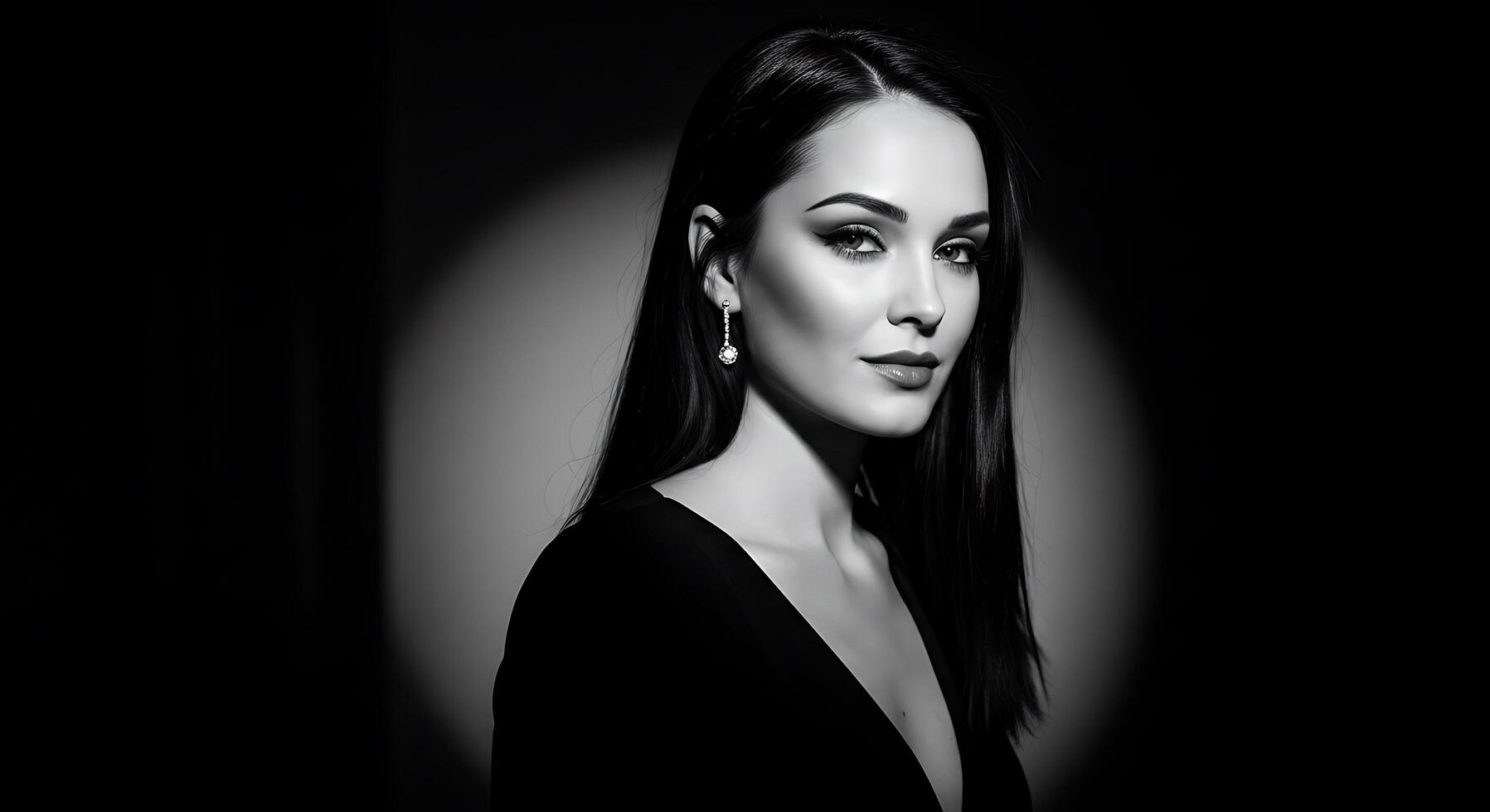 A woman with long hair in black and white photo