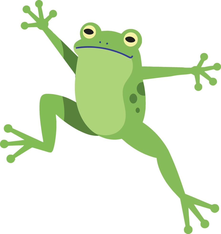 Green frog cartoon jumping illustration with spread limbs and simple design vector