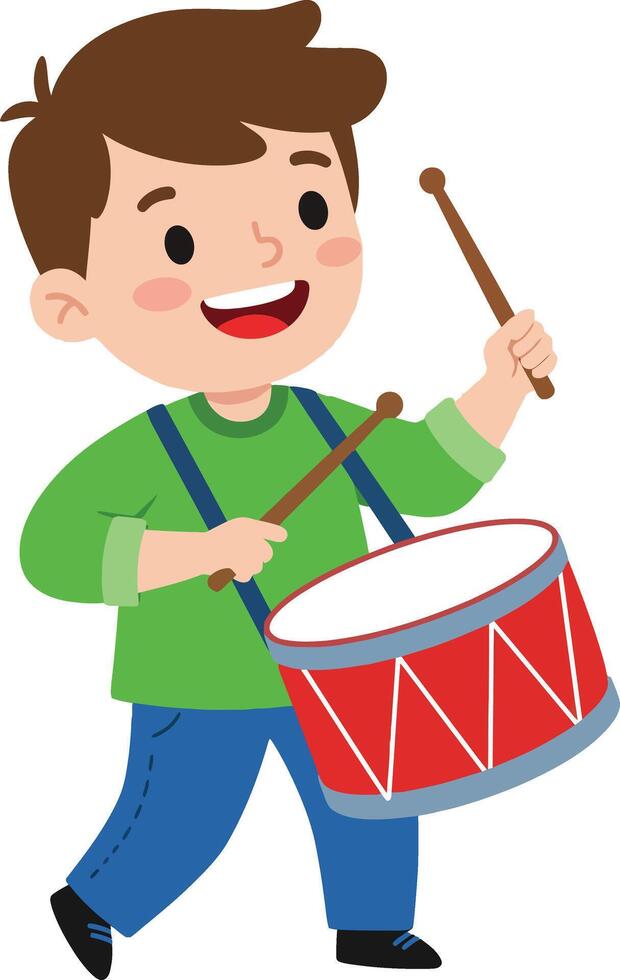 Boy playing red drum with drumsticks cheerful musical instrument illustration vector